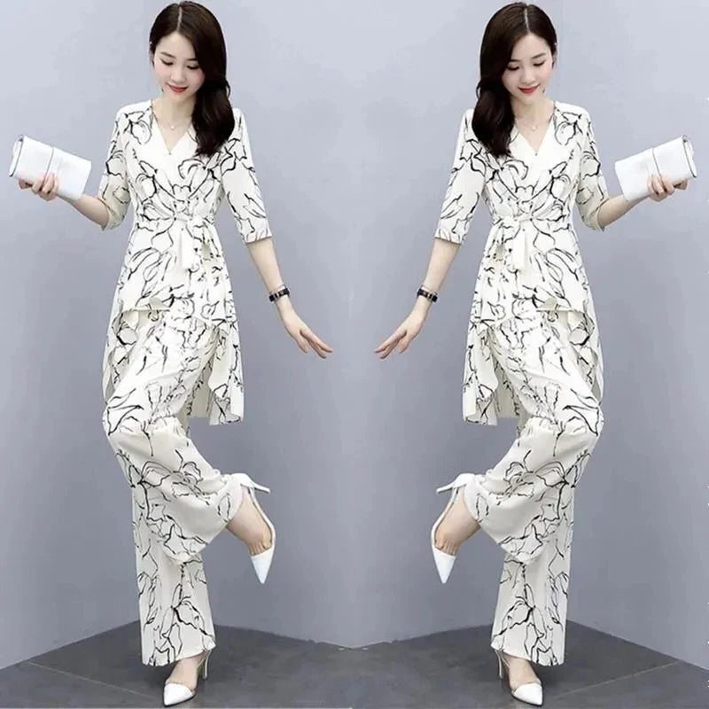 2 Piece Set Women Casual Fashion Printing Pants Suit Short Sleeve Tops +Wide Leg Pants 2 Piece Outfits Women White Set Summer4XL