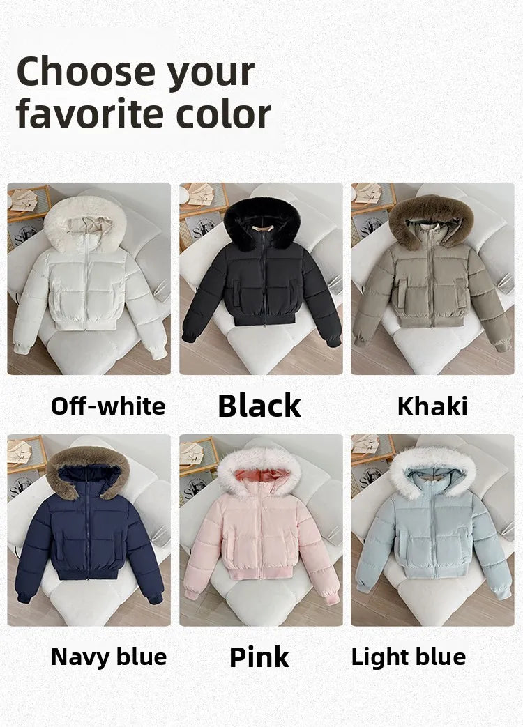Women's Short Thickened Winter Cotton Jacket Quilted Coat Fur Collar American Retro Style Warm Casual Fashion Regular Fit