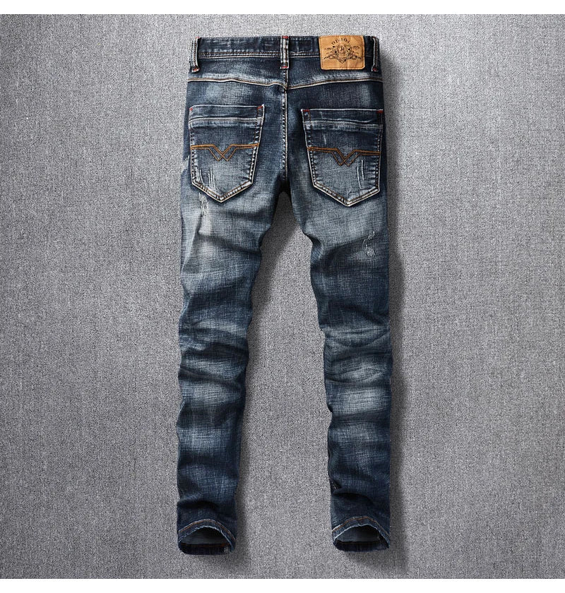 Italian Style Fashion Men Jeans High Quality Retro Black Blue Elastic Slim Fit Ripped Jeans Men Vintage Designer Denim Pants