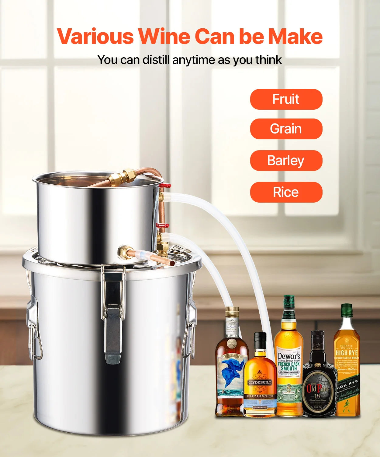 SucceBuy Alcohol Still 3 -8 Gallon  Stainless Steel Water Alcohol Distiller with Copper Coil  Brewing Refining Fermentation Kit