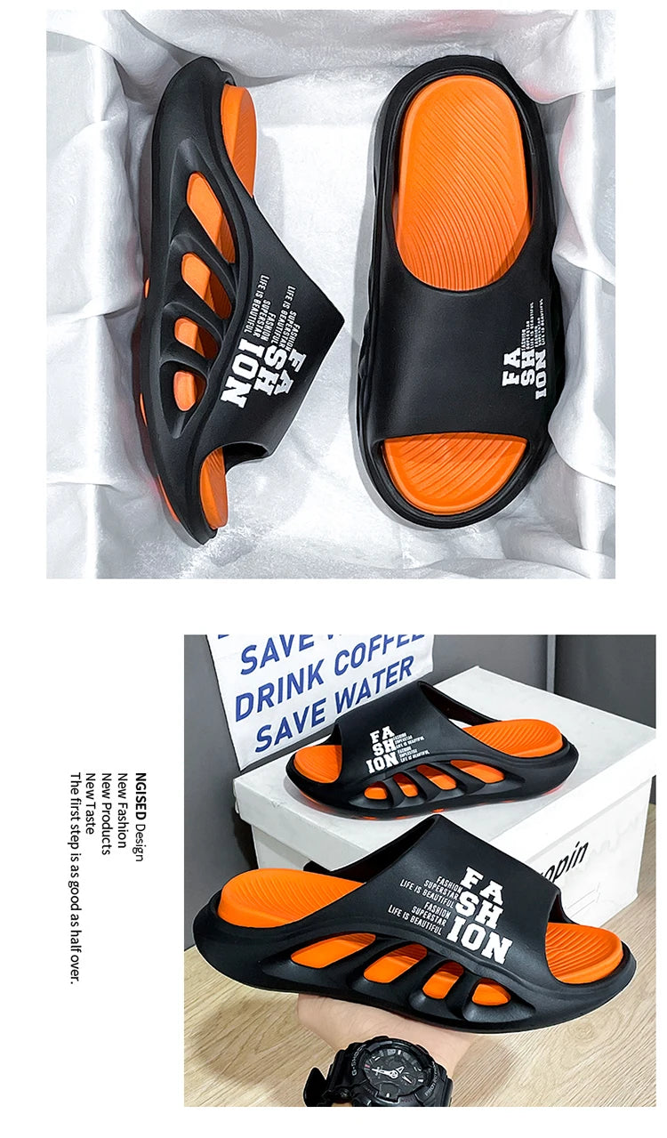 New Summer Men's Slippers 2026 EVA Soft Sole Male Slides Breathable Hollow Beach Sandals Light Comfortable Indoor Flip Flop