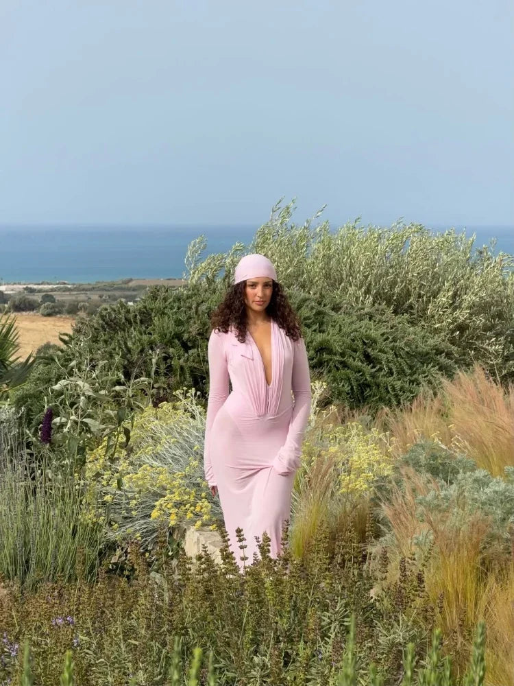 Luxury See Through Mesh Bodycon Maxi Dress For Women Lady Long Flared Cuff Deep V Neck Pleated Beach Holiday Evening Party Gown