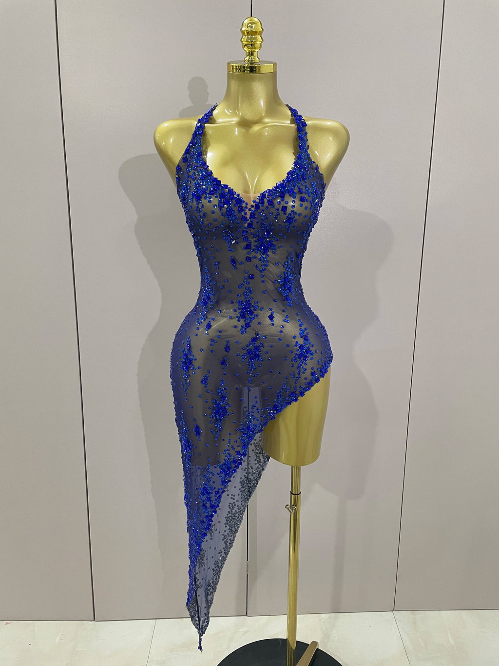 2025 New Sparkly Rhinestone V Neck Stretch Mesh Sexy See Through Dress Women Elegant Party Celebrate Perform Costume Stage Outfi
