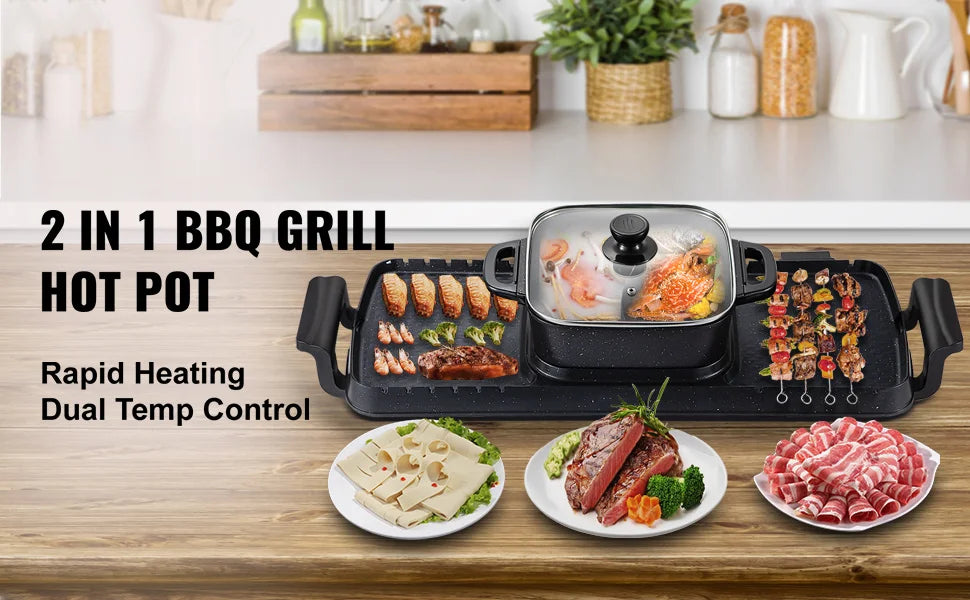 SucceBuy 2in1 Electric BBQ Pan Grill Hot Pot Multifunction Home Portable Smokeless Nonstick Detachable Hot Pot Barbecue Plate