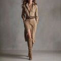 French Retro Solid Suede A-Line Party Dress Woman Lapel Single Breasted Shirt Dress Fall Long Sleeve Pocket Slit Elegant Dresses