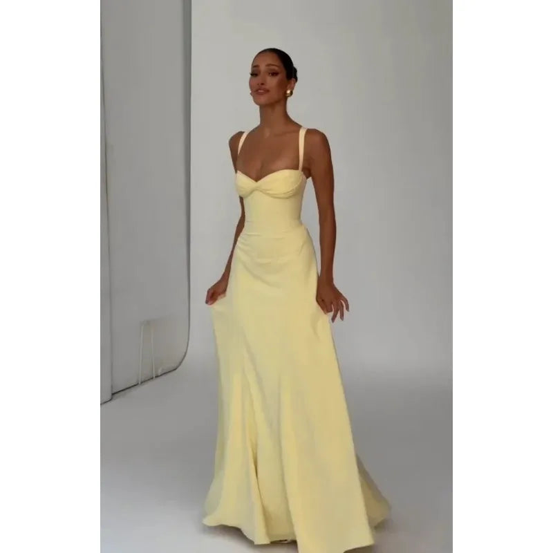 Women Yellow Low Cut Backless High Waisted Dress Lace Up Sleeveless Waist Cincher Spaghetti Strap Vestidos Party Club Women Robe
