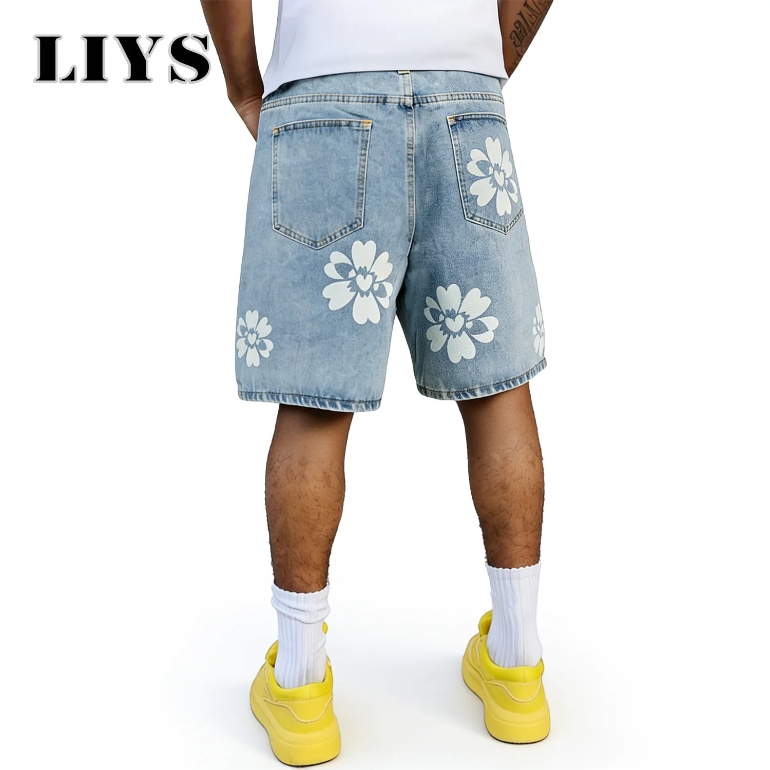 LIYS Fresh Delicate Style Flower Print Fashionable Wide Leg Men's Jeans Y2K Casual Elegant Bermuda Denim Shorts Couple Pants