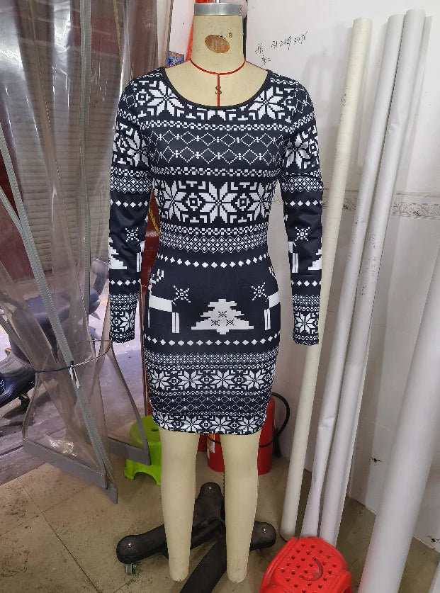 Christmas Women's Dresses 2024 Autumn Long Sleeve Fashion Snowflake Elk Print Casual O-Neck Daily Skinny Mini Dress