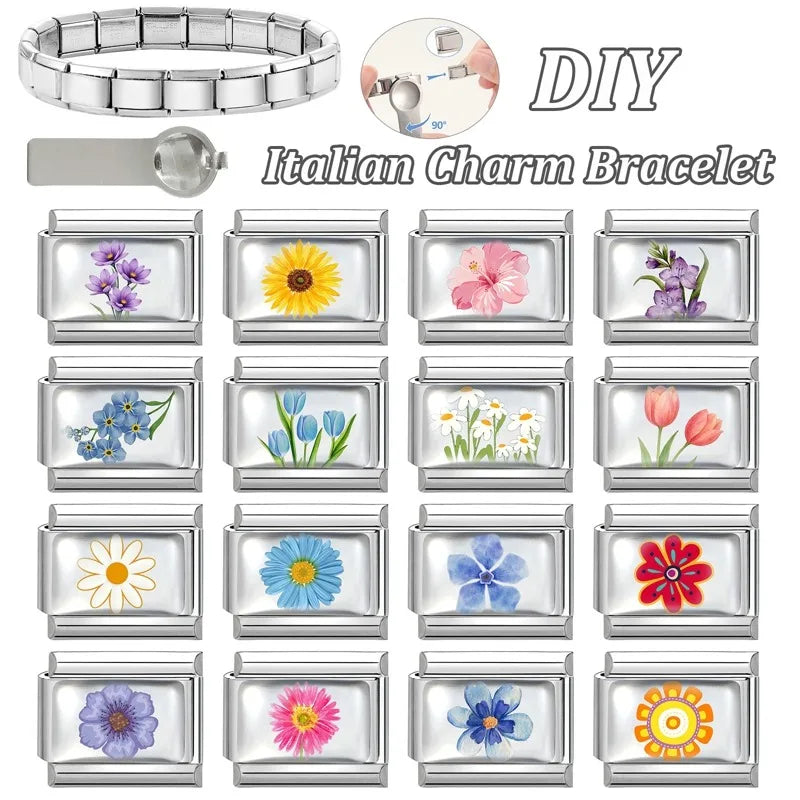 2025 Women's Fashion Colorful Flowers Sunflower Tulip Orchid Daisy Italian Charms Fit 9mm Stainless Steel Bracelet DIY Jewelry