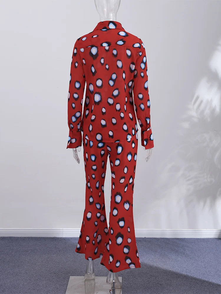 Beach Vacation Printed Shirt Pant Set Women Red See Through Lapel Full Sleeve Button Shirts Pants Suit 2026 Summer Casual Outfit