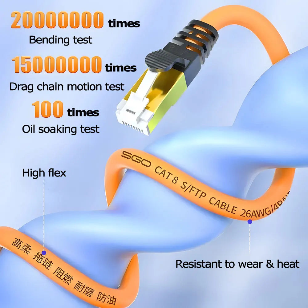 High Speed CAT8 Ethernet Cable High Flex Heavy Duty Network Cable with Gold Plated RJ45 Connector 40Gbps 2000Mhz LAN Cable