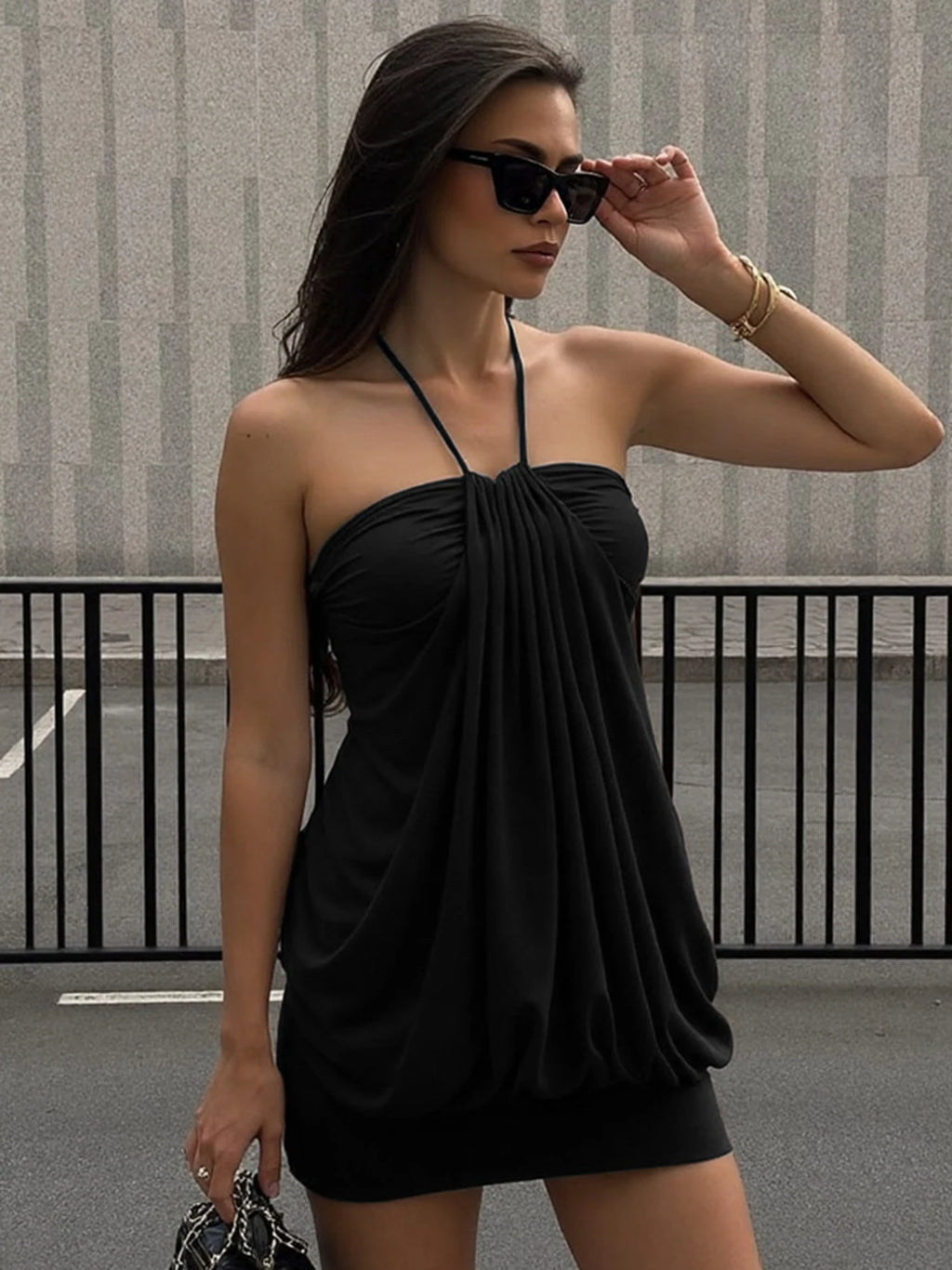 Hugcitar Halter Sleeveless Backless Ruched Sexy Bodycon Mini Prom Dress 2025 Spring Women Y2K Clothes Birthday Party Festival