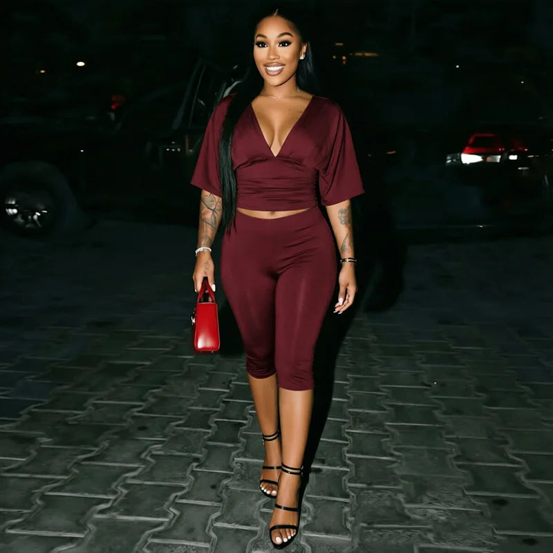 Fashion 2 Piece Set Women Y2k Solid V-Neck Cincher Top and Capri Pants Suits New 2026 Going Out Matching Outfits Two Piece Sets
