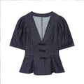 Denim Women's Shirts Blouse 2026 Summer New Fashion Slim V-neck Blouses Women's Summer Chic Travel Holiday Youth Shirts Tops