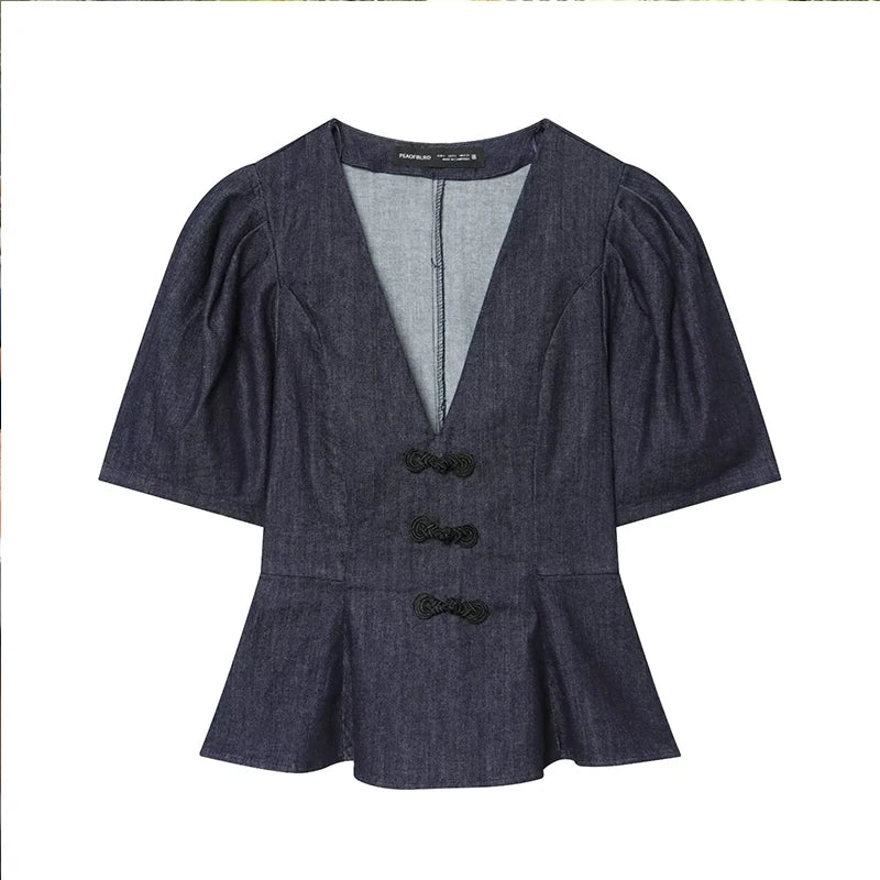 Denim Women's Shirts Blouse 2026 Summer New Fashion Slim V-neck Blouses Women's Summer Chic Travel Holiday Youth Shirts Tops