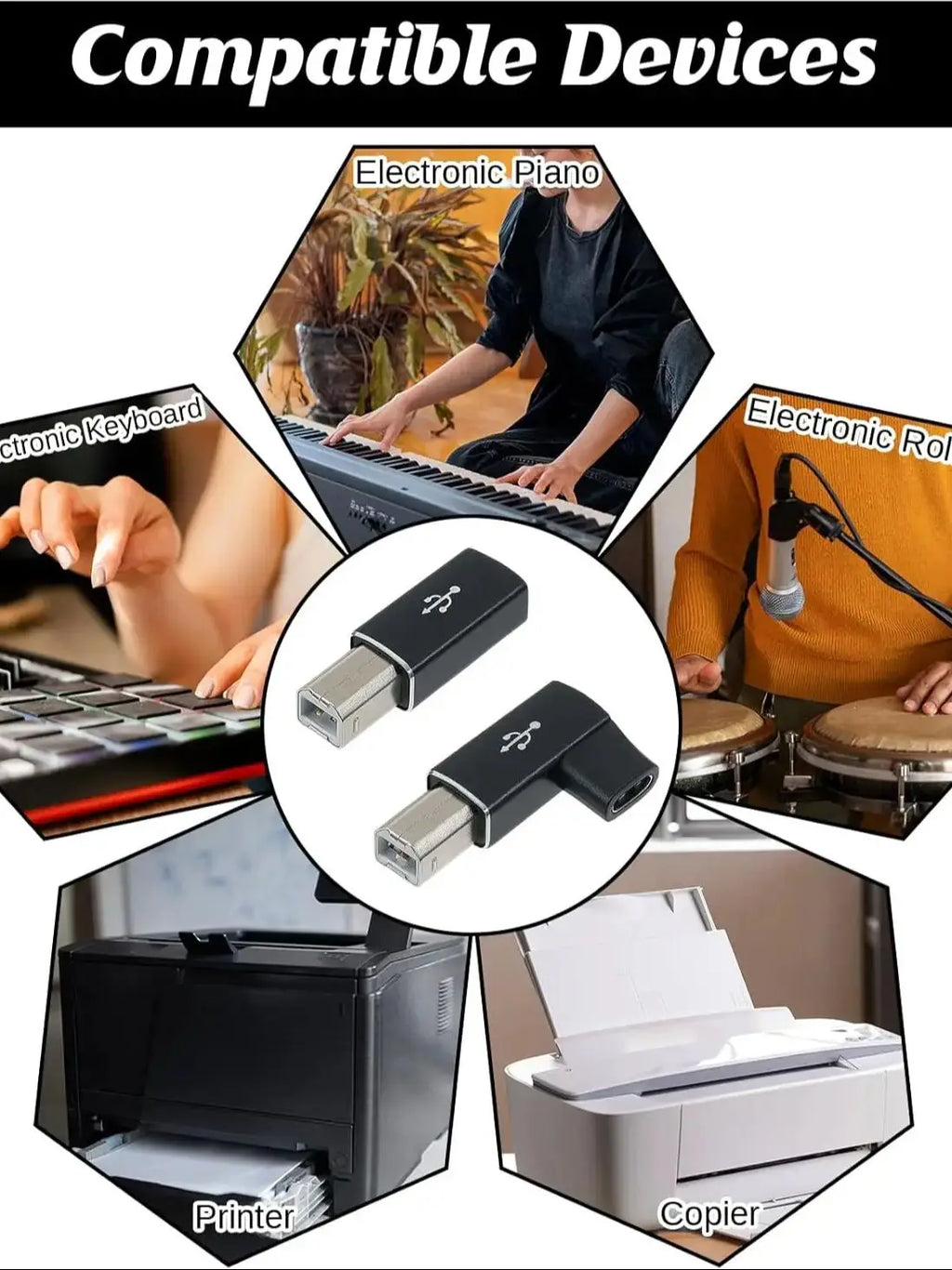 USB C female to Midi 90 degree adapter, USB C to male USB B printer adapter, compatible with printers, MIDI, electronic pianos,i