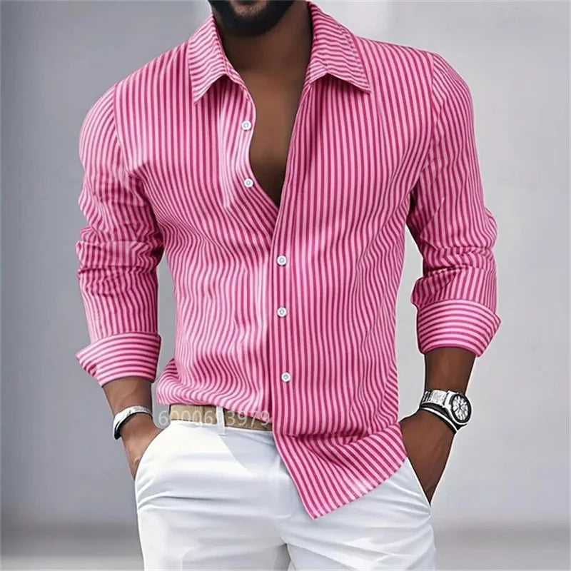 Men's striped button-down long-sleeved shirt, spring and autumn style, available in blue, pink, purple, brown, and green.