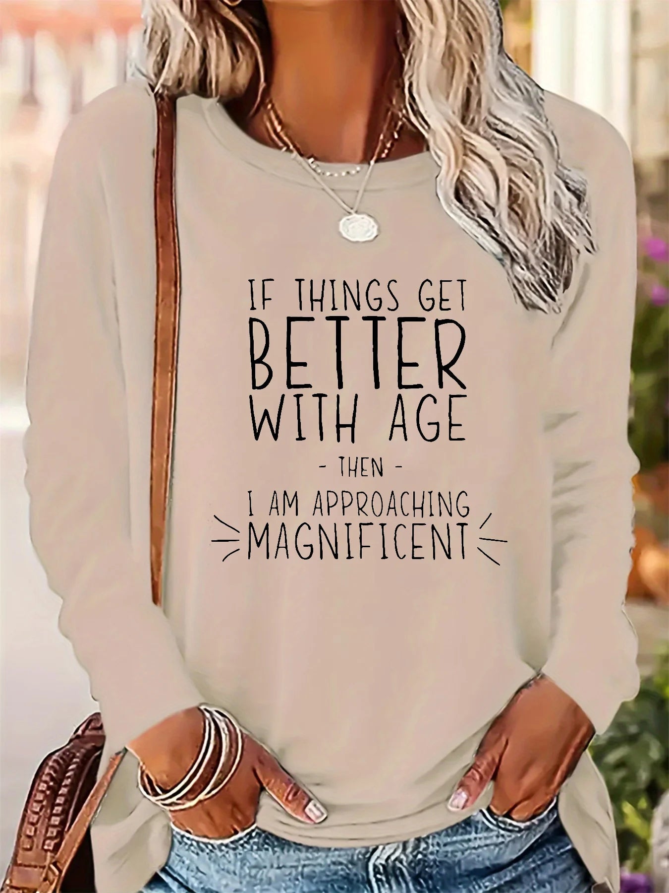 Women's Spring and Autumn 100% pure cotton fashionable casual loose inspirational quotes printed round neck long sleeved T-shirt