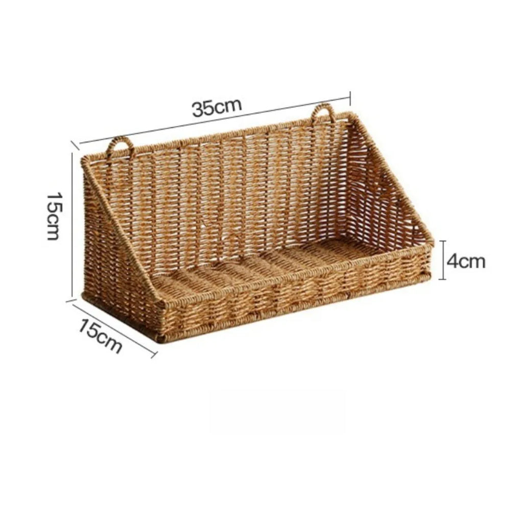 Woven Imitation Rattan Wall Mounted Storage Basket Slanted Shelf Organizer for Kitchen Living Room Bathroom Bedroom Balcony