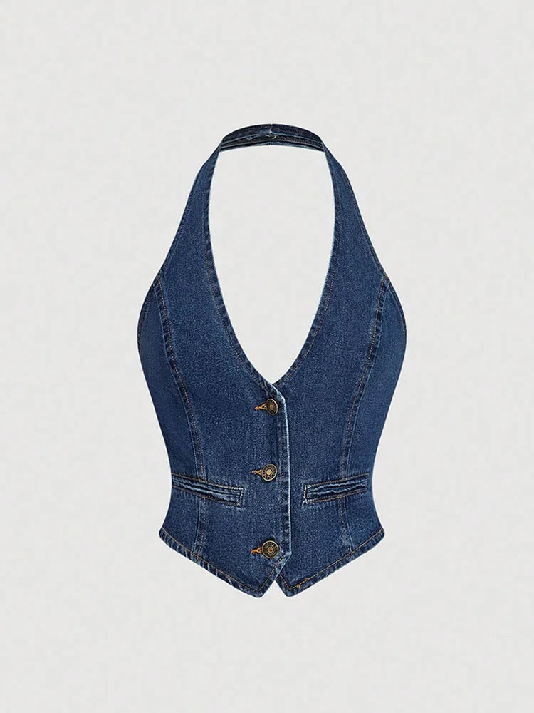Retro Denim Pants Sets for Women Fashion Sleeveless Single Breasted Halter Tops High Waist Loose Jeans Simple Trend Casual Suits