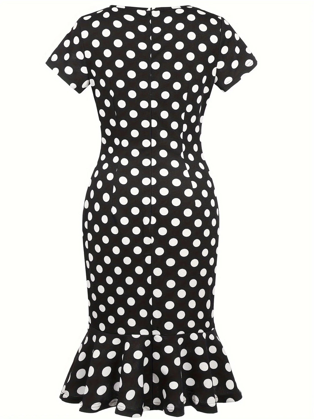 Women Vintage Slim Fitted Polka Summer Crew Neck Short Sleeve Ruffle Hem Knee Length Business Casual Midi Dress