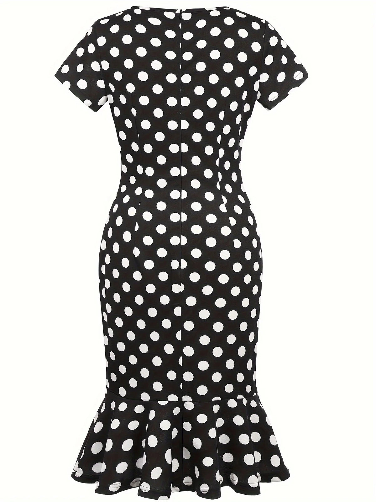 Women Vintage Slim Fitted Polka Summer Crew Neck Short Sleeve Ruffle Hem Knee Length Business Casual Midi Dress