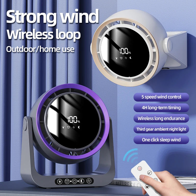 Desktop Circulating Fan With Remote Control Mini Table Fan 4000 mAh Large CapacityRechargeable Wall-mounted Fan With Night Light
