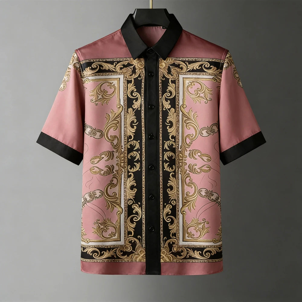 Fashion Men's Retro Soft Short Sleeve Shirt Gold Pattern Natural 3D Printed Shirt Men's Clothing Casual Party Tops