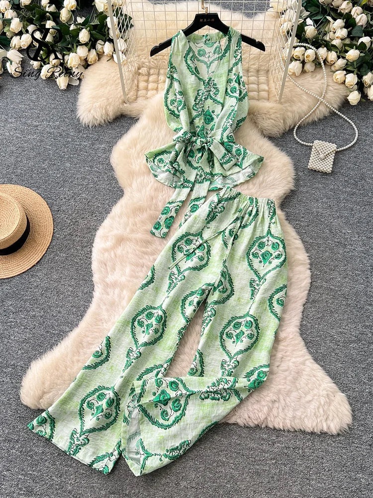 SINGREINY Boho Print Vacation Suits Summer 2026 Sleeveless Lace Up Tank Top+Loose Wide Leg Pant Chic Lazy Casual Women 2pcs Sets