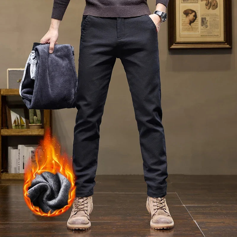 Korean Fashion Fleece Men's Casual Pants Slim Straight Youth Warm Trousers Thickened Thermal Stretch Male Clothes Trendy Brand