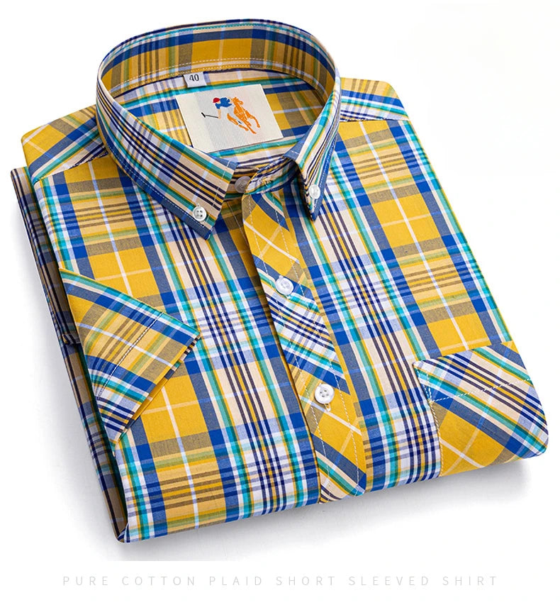 Fashion Korean Plus Size 8XL 100%Cotton Short Sleeve Shirts for Men Slim Fit Formal Plain Shirt Plaid Hawaiian Shirt Casual Top