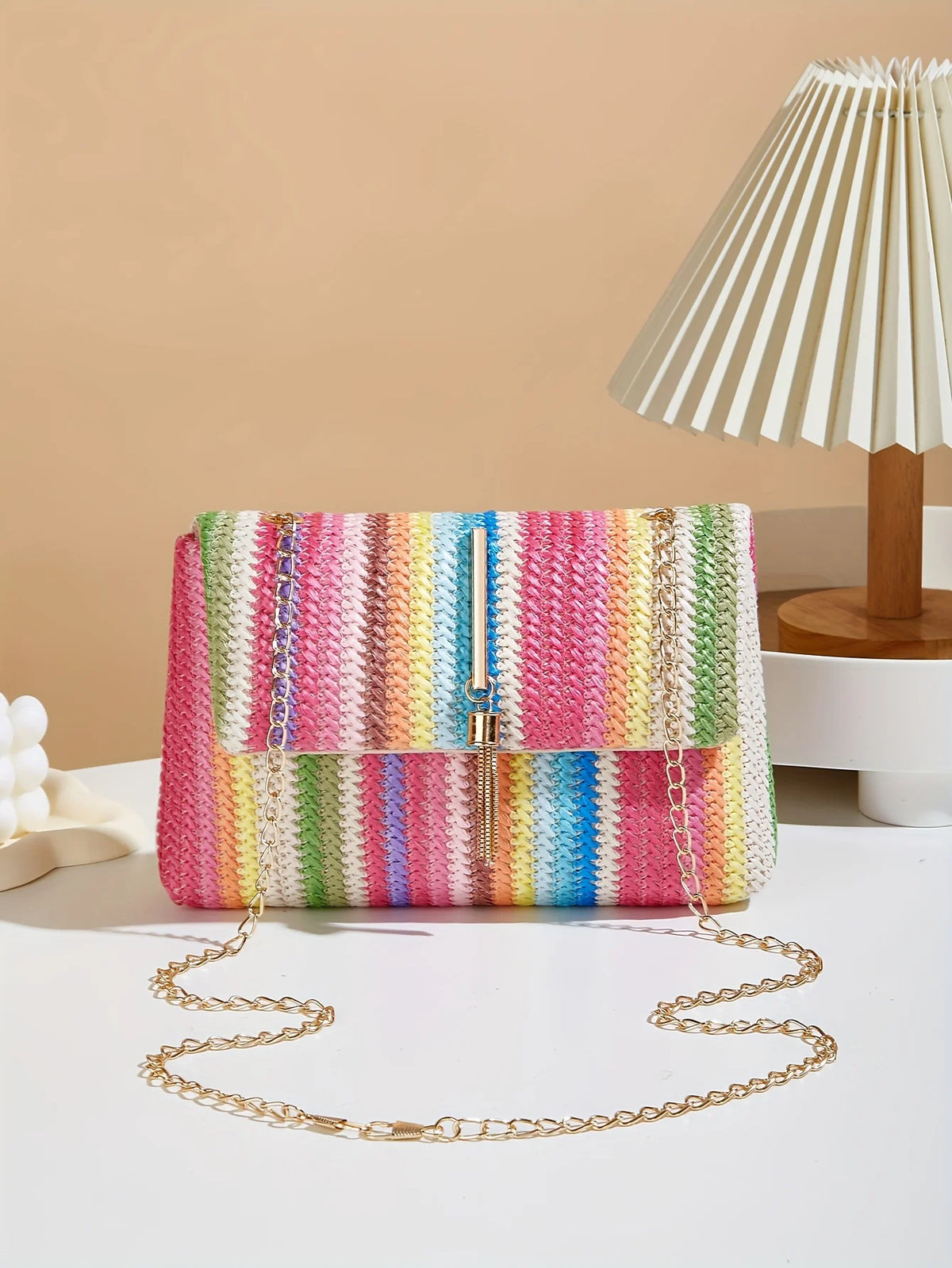 Chic Rainbow Stripe Straw Crossbody Bag for Women Adjustable Shoulder Strap Magnetic Closure Tassel Accent, Fashion Square Purse