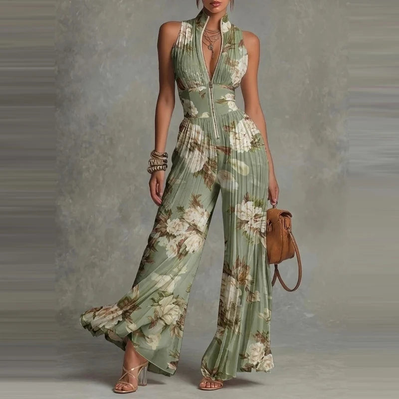 Elegant Stand Collar Zipper Long Jumpsuits Women's Casual Sleeveless Draped Party Rompers Fashion Printed Waist Summer Playsuits