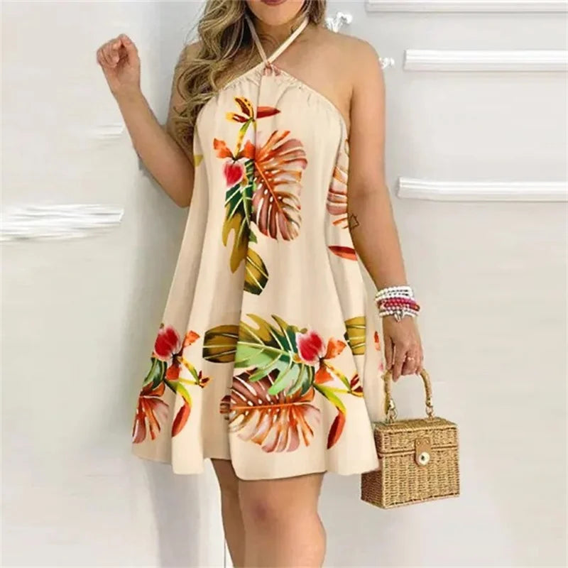 2024 Summer Off The Shoulder Hanging Neck Lace-up Dresses Women Elegant Print Backless Sleeveless Dress Female Casual Short Gown