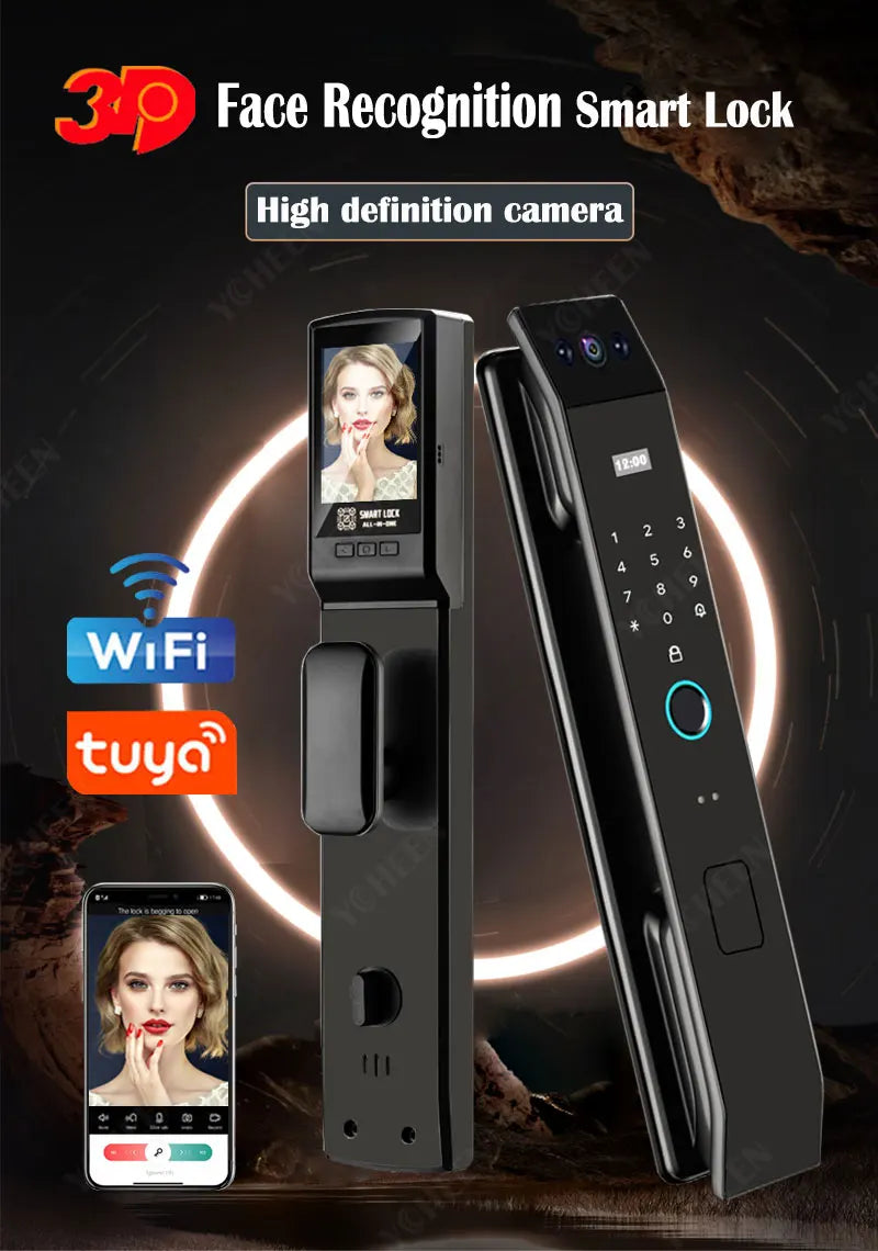 Tuya Wifi 3D Face Recognition Digital Smart Lock Temporary Password Video Intercom Electronic Door Lock Fingerprint Keyless Lock