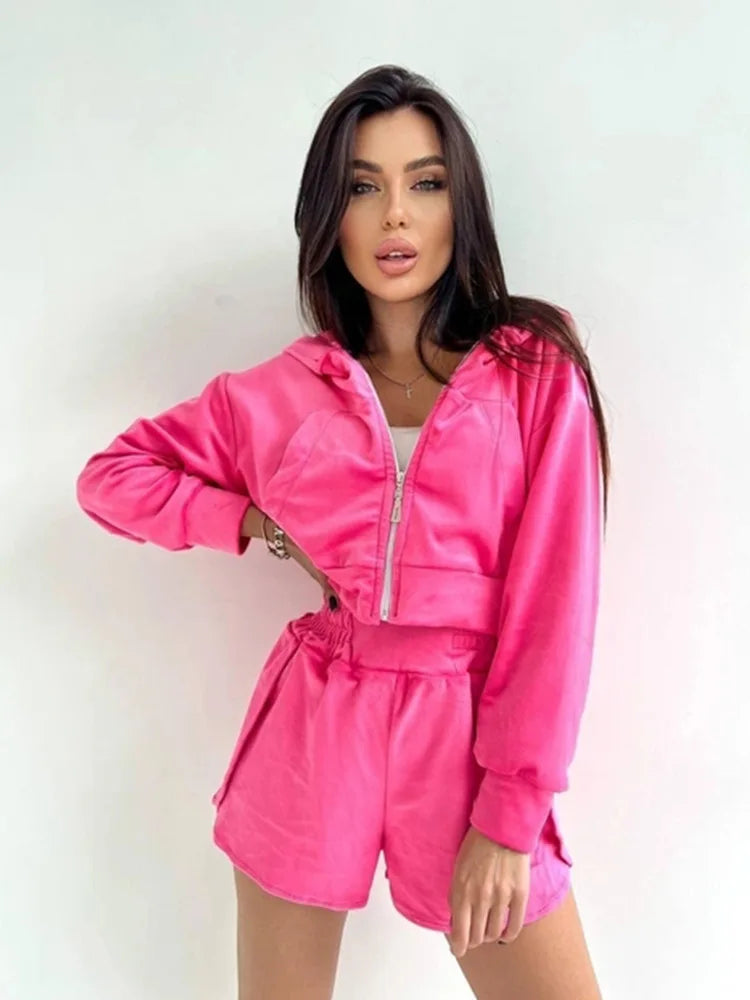 2025 Casual Women's Wear, Zipper Cardigan Long Sleeve Drawstring and Shorts Set, Hoodie Fashion Split Shorts Two-Piece Set