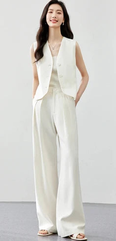 VIMLY Office Two-Piece Set Women 2026 Summer New Fashion Ruffle Hem Cropped Sleeveless Vest Wide Leg Pants Casual Outfit A6153