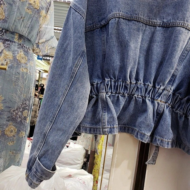 Denim Jacket for Women Plain Cinched Waist Slim Woman Jean Coat Blue Outerwear Spring Autumn 2025 Fashion Low Price Y2k Clothes