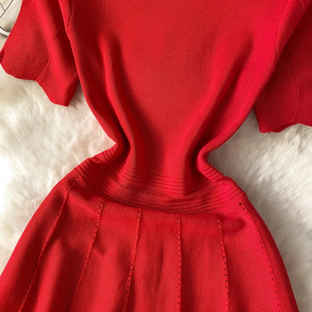 Red Senior Solid Knitting Dress Ladies O-Neck Short Sleeve Hollow Out Design Elastic Knitted Fashion Basic A-Line Dress