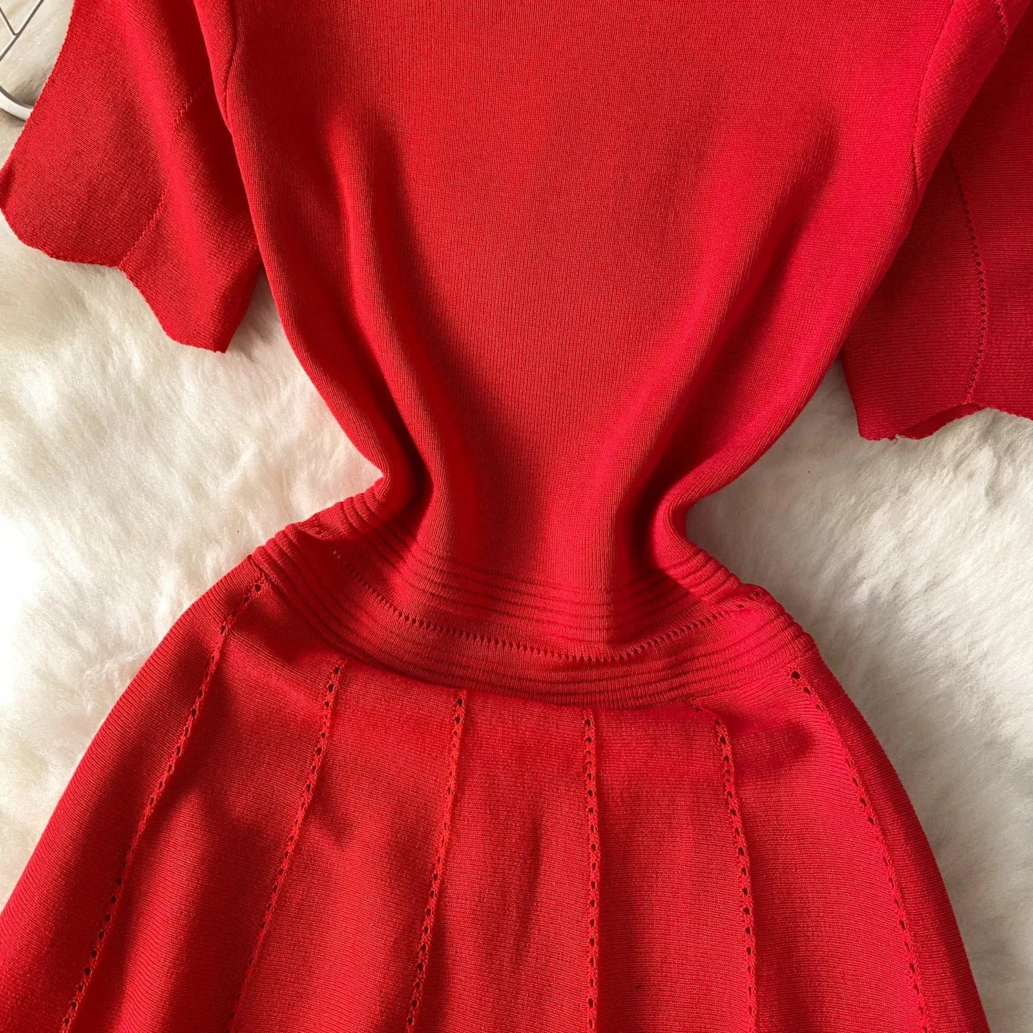 Red Senior Solid Knitting Dress Ladies O-Neck Short Sleeve Hollow Out Design Elastic Knitted Fashion Basic A-Line Dress