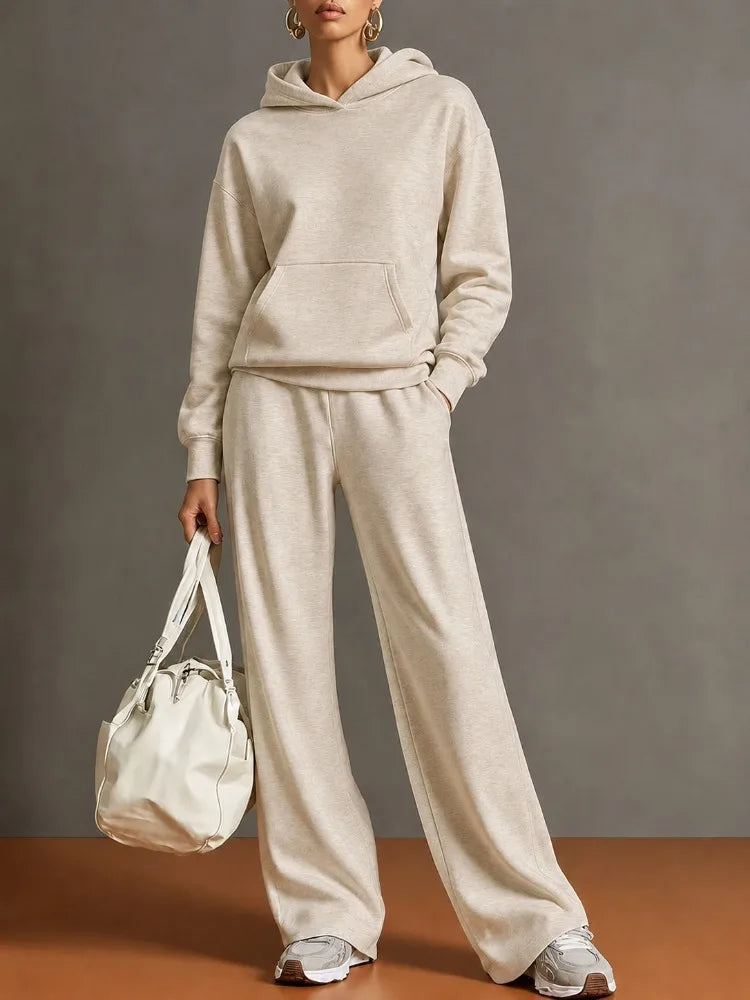 Autumn Fashion Warm Hoodie Sweatshirts Two Pieces Over Sized Solid Casual Hood Pullovers Long Pant Sets Women's Tracksuit Suit