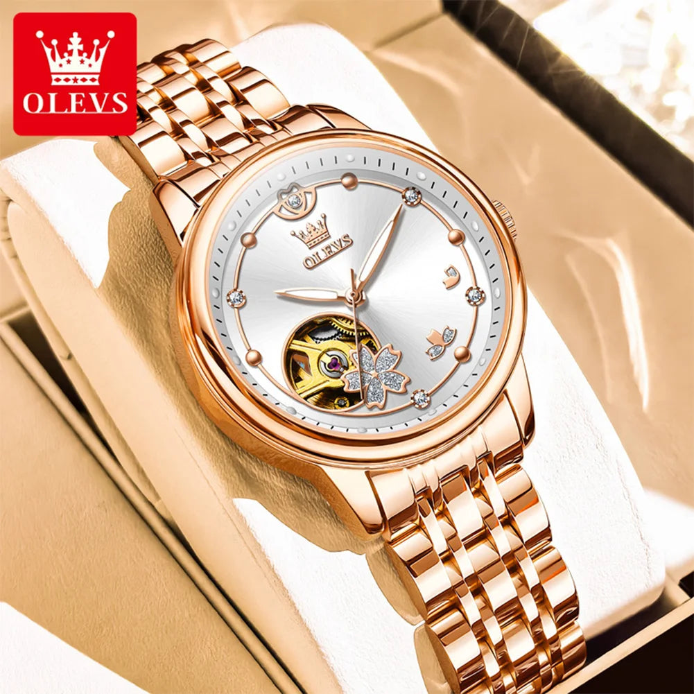 OLEVS 6732 Women's Watches Elegant Rose Gold Stainless Steel Hollowed Diamond Dial Automatic Mechancial Watch Gift Box for Women