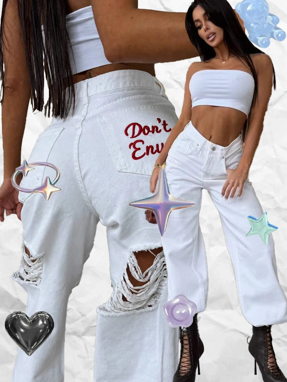 Women Embroidered Ripped Baggy Jeans Y2k Low Rise Straight Jeans Classic Regular Fit Denim Pants Casual Wide Leg Jeans Clothes