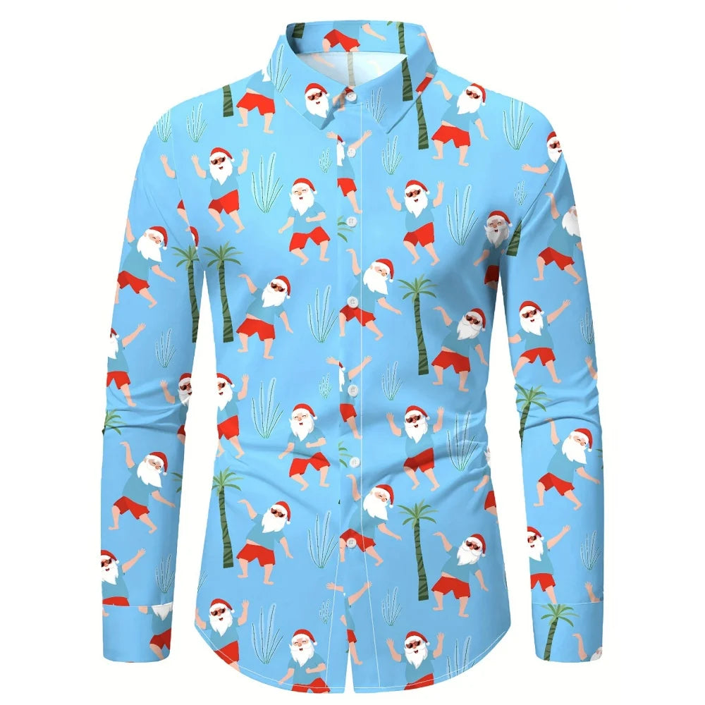 Christmas Festival Theme Men's 3D Printed Formal Shirts Christmas Tree Santa Claus Graphic Long Sleeve Shirt Fashion Men's Shirt