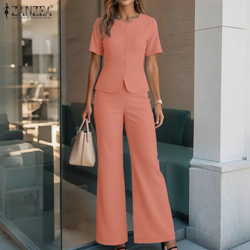 Fashion Summer 2PCS Outfits ZANZEA Women Pant Sets Short Sleeve Buttons Tops Suit Casual Solid Work OL Tracksuits Matching Sets