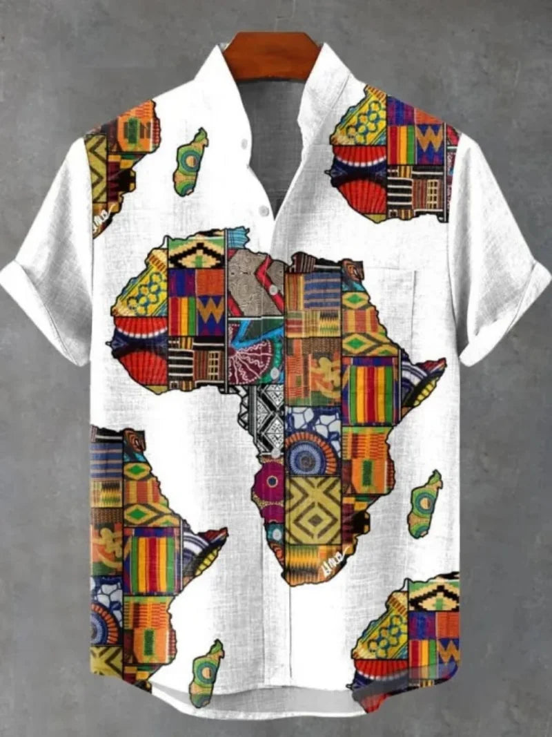 New Retro Tribal Totem Pattern Printing men's New Linen Comfortable Fabric short-sleeved Shirt Tribal Ethnic Style Fast Delivery