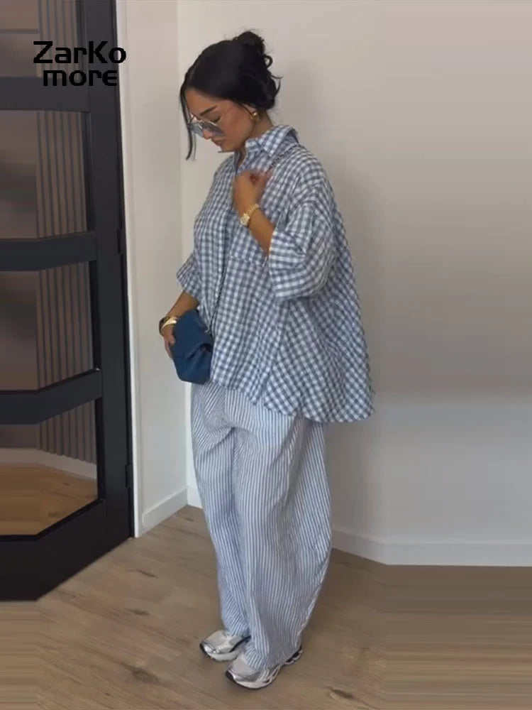 Fashion Women's Plaid Top Pants Sets Loose Lapel Single Breasted Short Sleeve Shirts Wide Leg Pant 2026 Summer Lady Holiday Suit