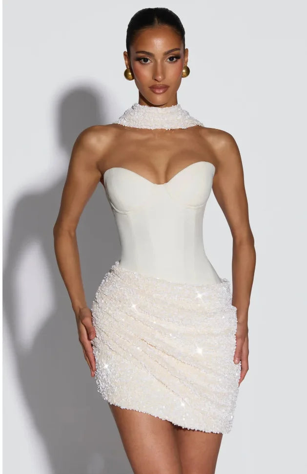 Temperament Beveled Edge with Scarf Splicing Tube Top Spice Girl Dress
