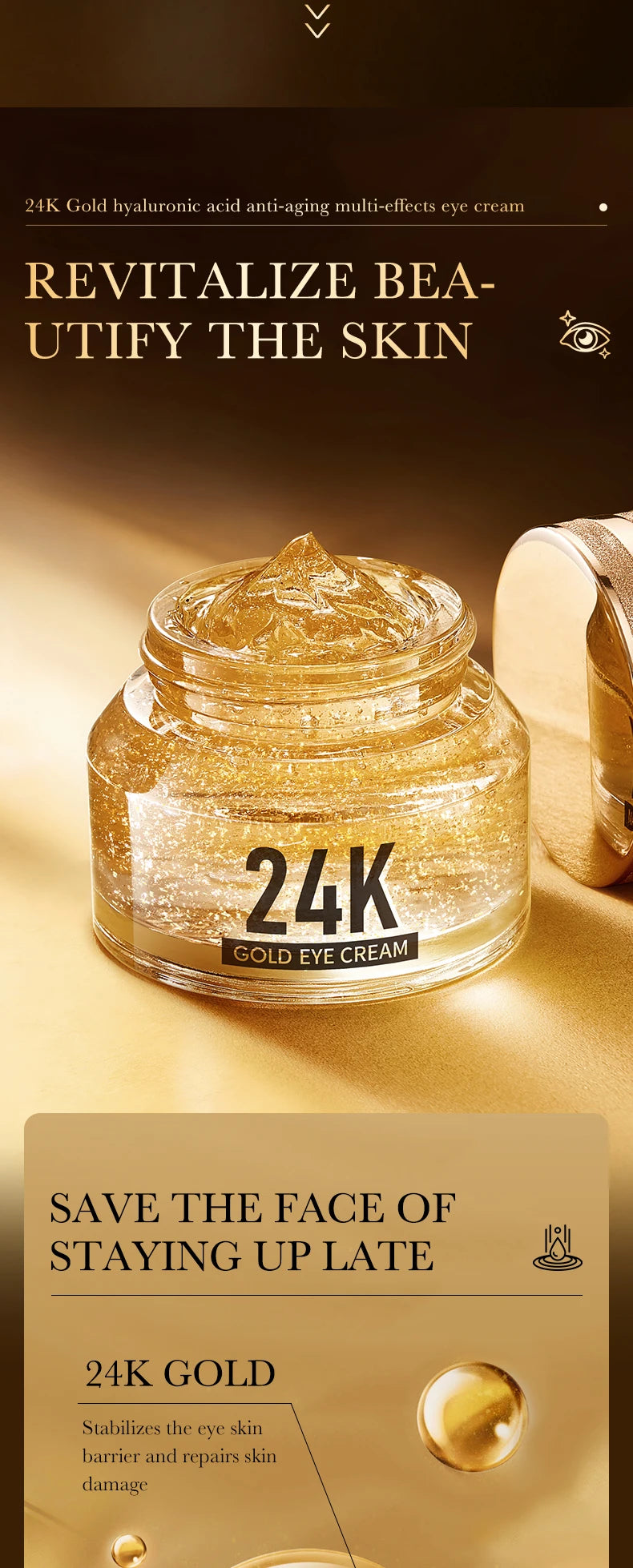 24K hyaluronic acid eye cream, nourishing, improving dark circles and eye wrinkles, anti-aging eye cream essence