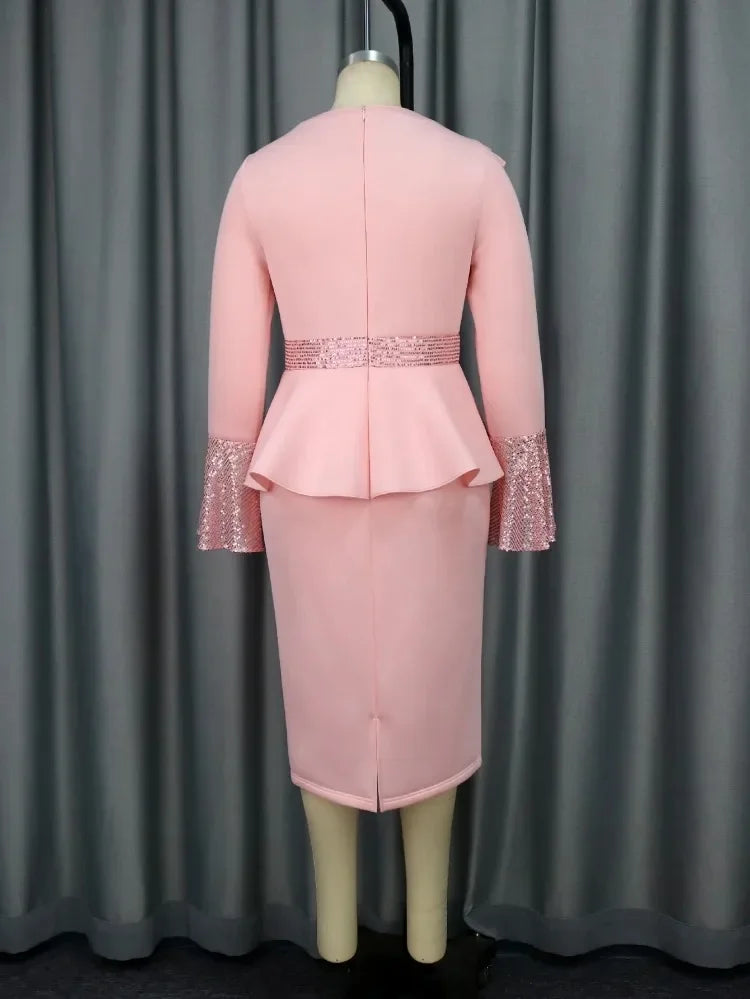 Church Ruffled Long Sleeved Robe Sequined Tight Fitting Women's Party Fashionable Dress Elegant Occasion African Wedding Guests